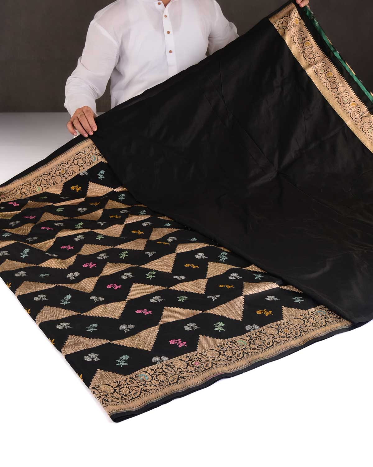 Black Gold Zari Triangles & Resham Buti Cutwork Brocade Handwoven Katan Silk Banarasi Saree-HolyWeaves