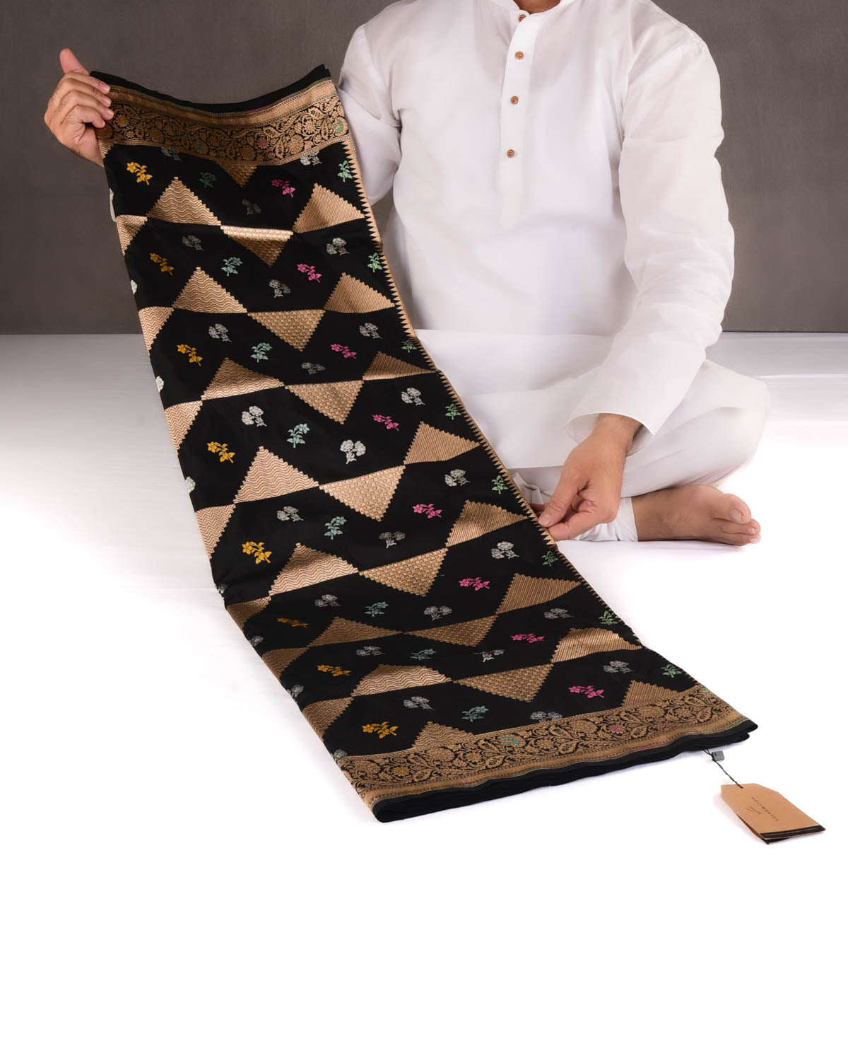 Black Gold Zari Triangles & Resham Buti Cutwork Brocade Handwoven Katan Silk Banarasi Saree-HolyWeaves