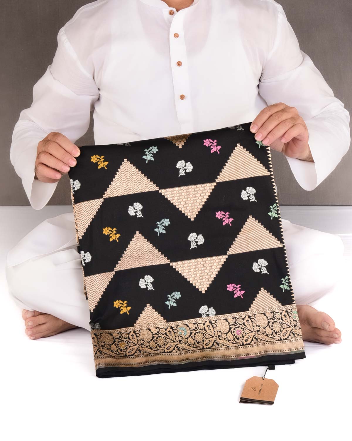 Black Gold Zari Triangles & Resham Buti Cutwork Brocade Handwoven Katan Silk Banarasi Saree-HolyWeaves