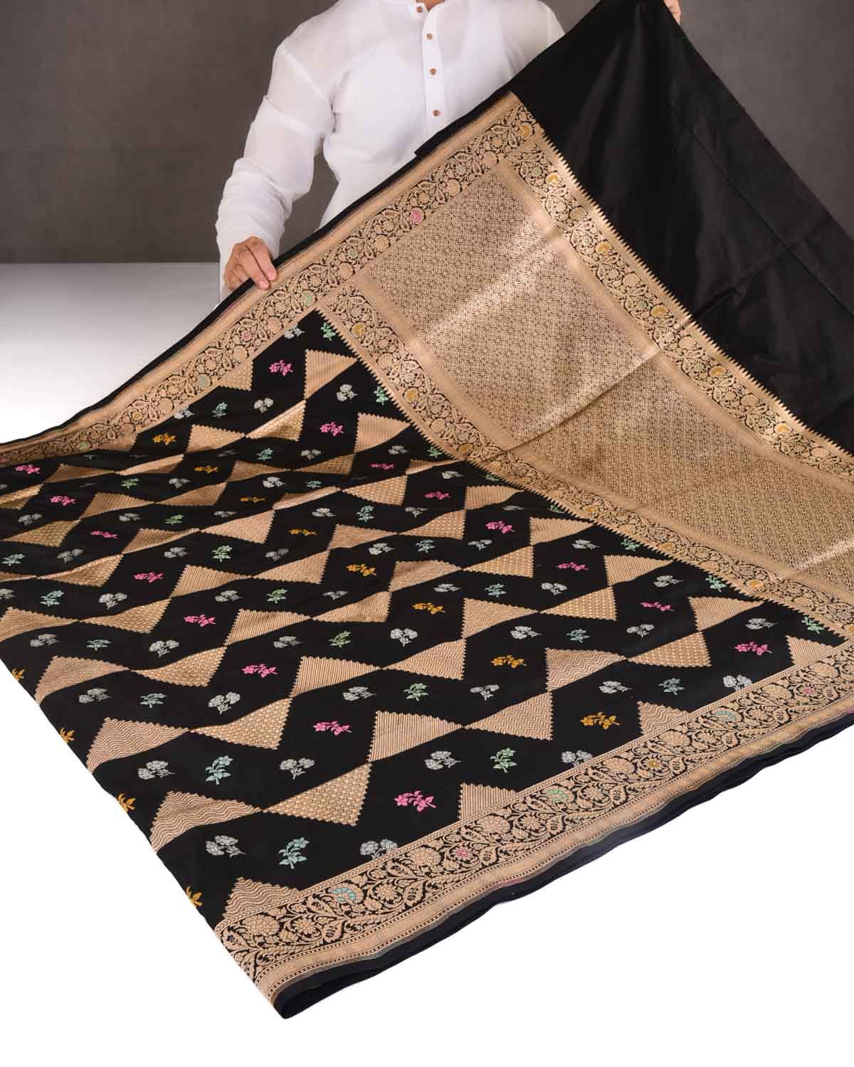 Black Gold Zari Triangles & Resham Buti Cutwork Brocade Handwoven Katan Silk Banarasi Saree-HolyWeaves