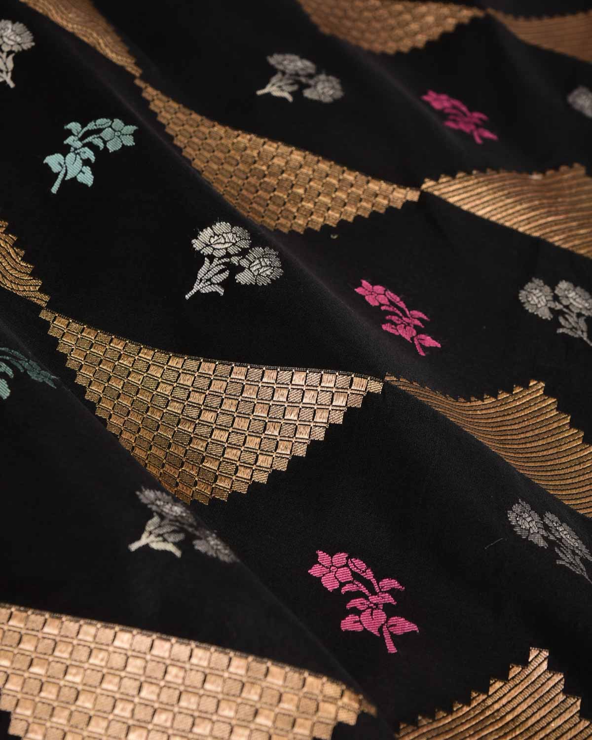 Black Gold Zari Triangles & Resham Buti Cutwork Brocade Handwoven Katan Silk Banarasi Saree-HolyWeaves