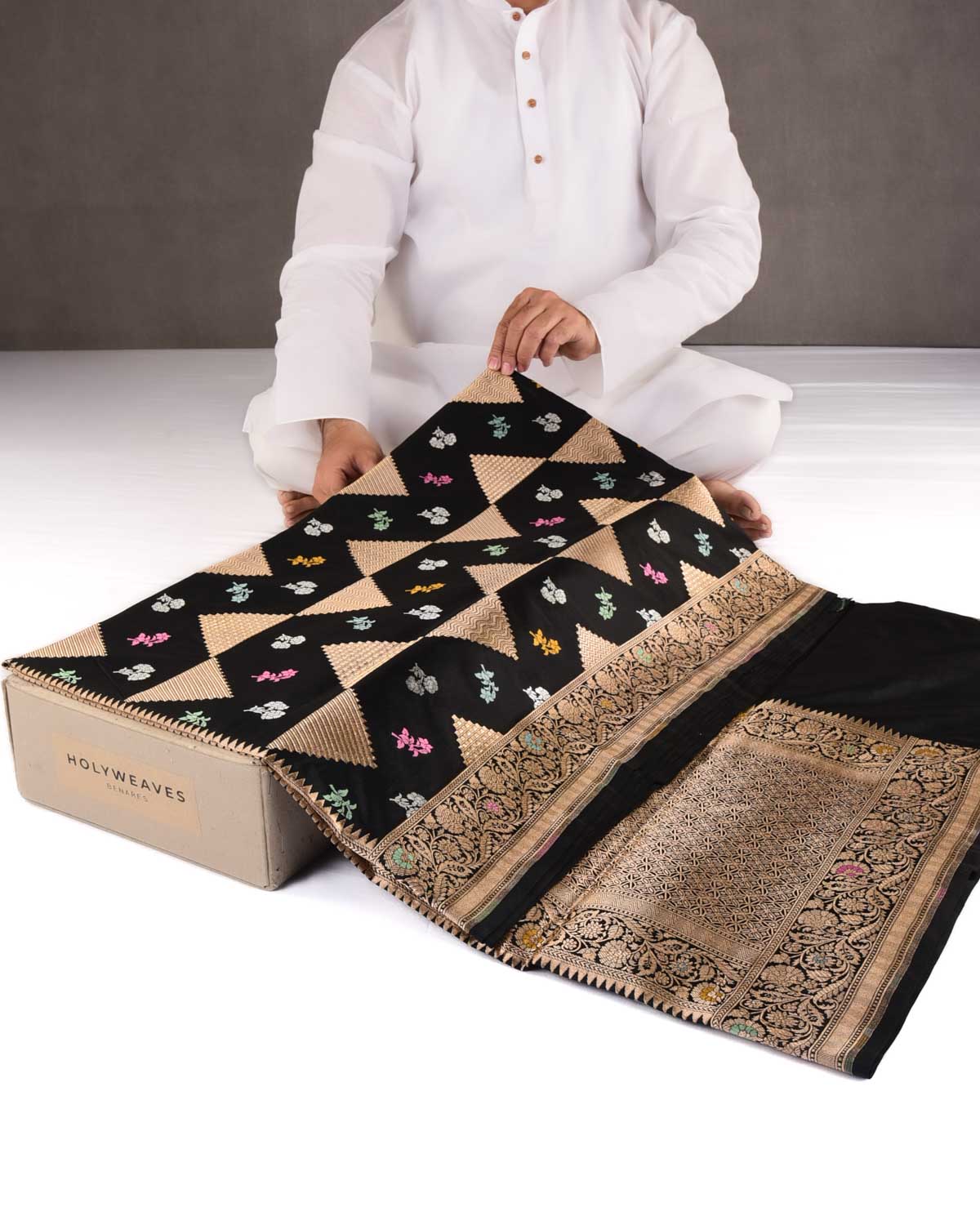 Black Gold Zari Triangles & Resham Buti Cutwork Brocade Handwoven Katan Silk Banarasi Saree-HolyWeaves