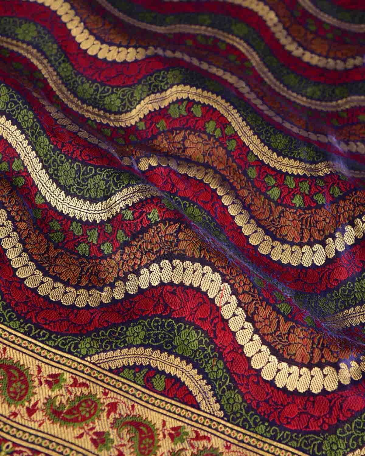 Multi-color Gold Zari & Resham Ornament Waves Satin Jamawar Brocade Handwoven Katan Silk Banarasi Saree-HolyWeaves