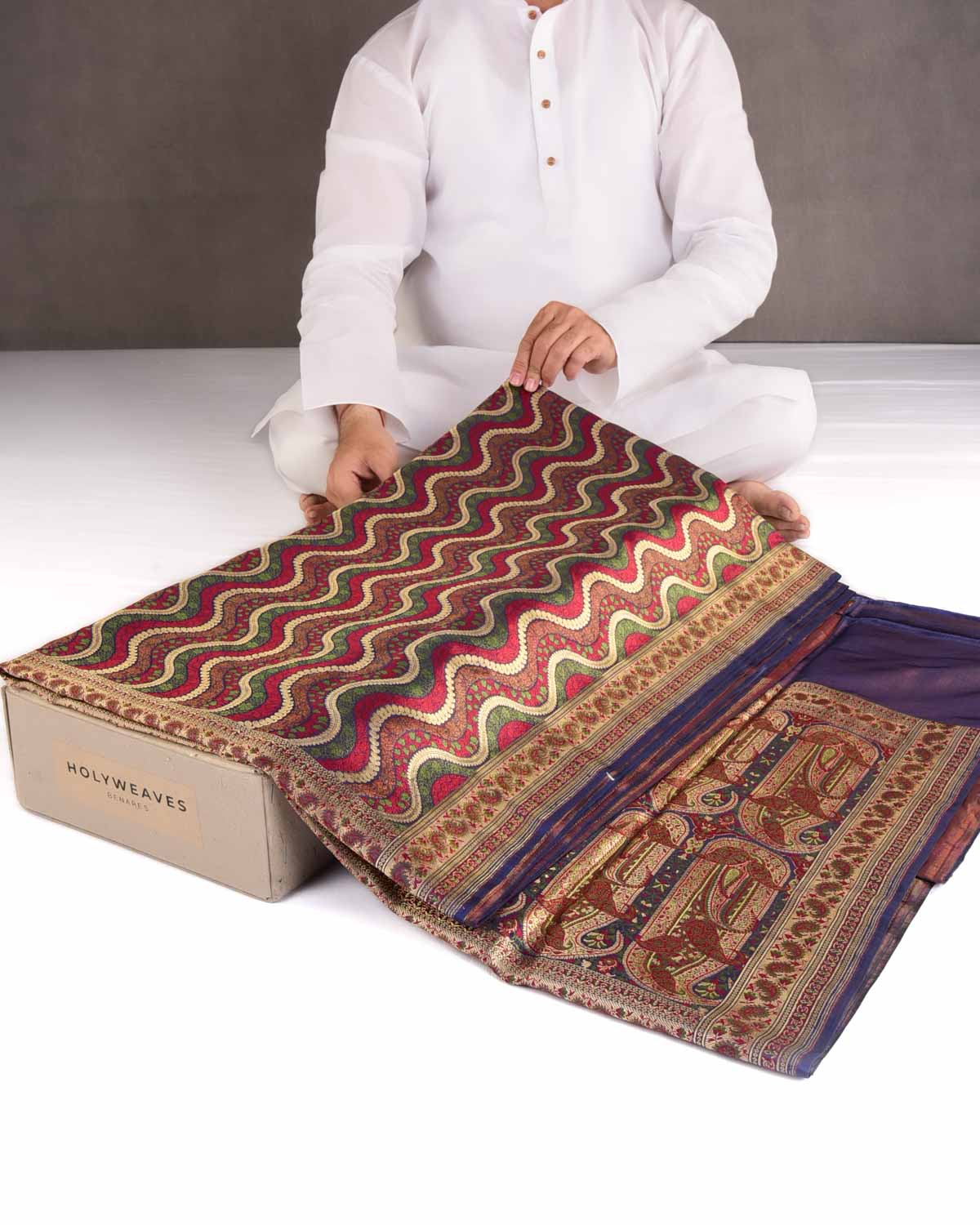 Multi-color Gold Zari & Resham Ornament Waves Satin Jamawar Brocade Handwoven Katan Silk Banarasi Saree-HolyWeaves