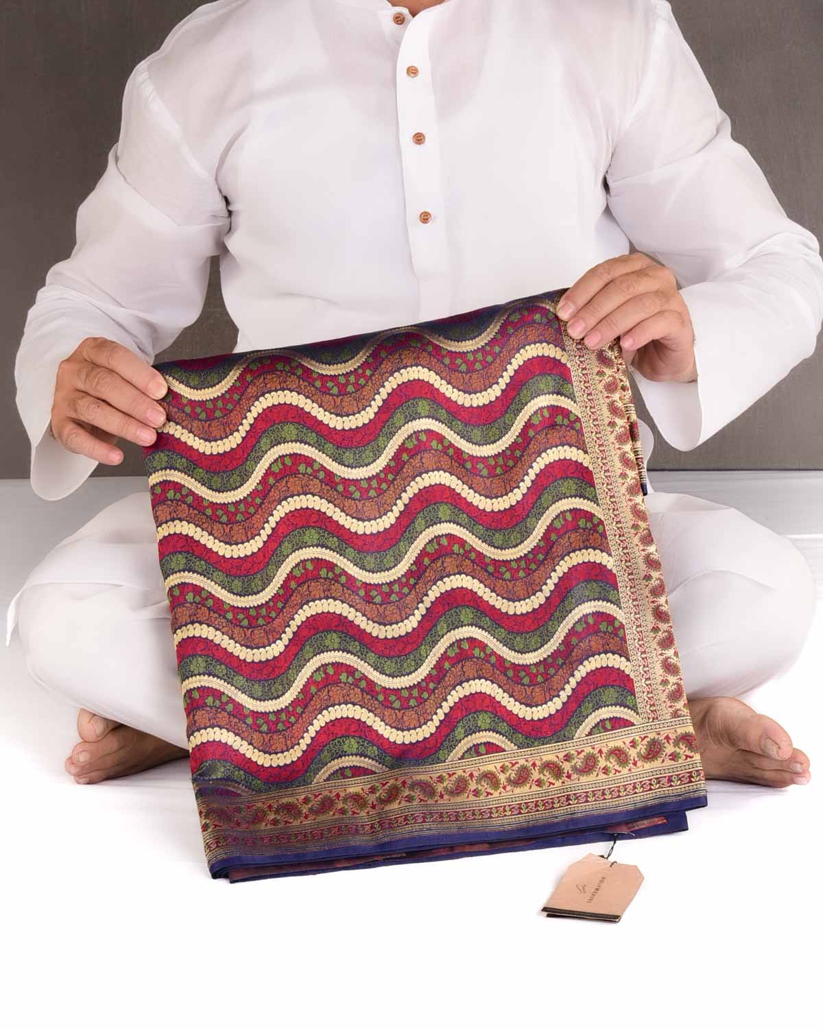 Multi-color Gold Zari & Resham Ornament Waves Satin Jamawar Brocade Handwoven Katan Silk Banarasi Saree-HolyWeaves