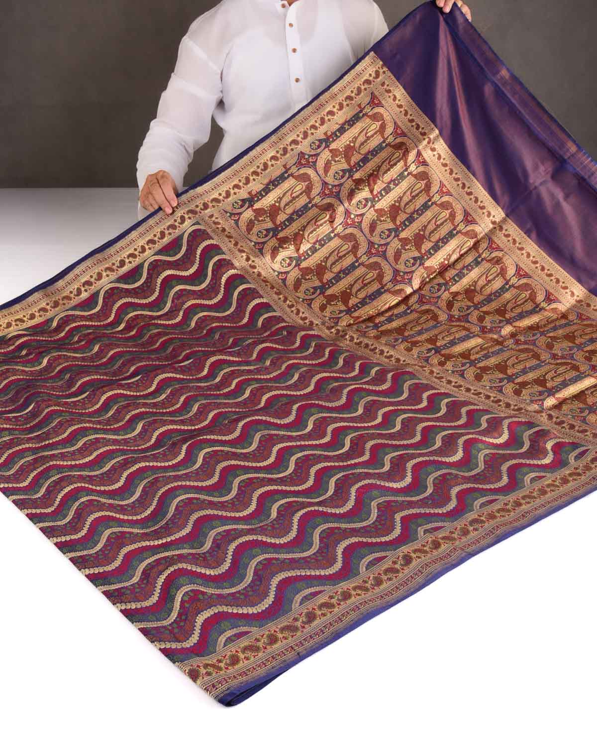 Multi-color Gold Zari & Resham Ornament Waves Satin Jamawar Brocade Handwoven Katan Silk Banarasi Saree-HolyWeaves