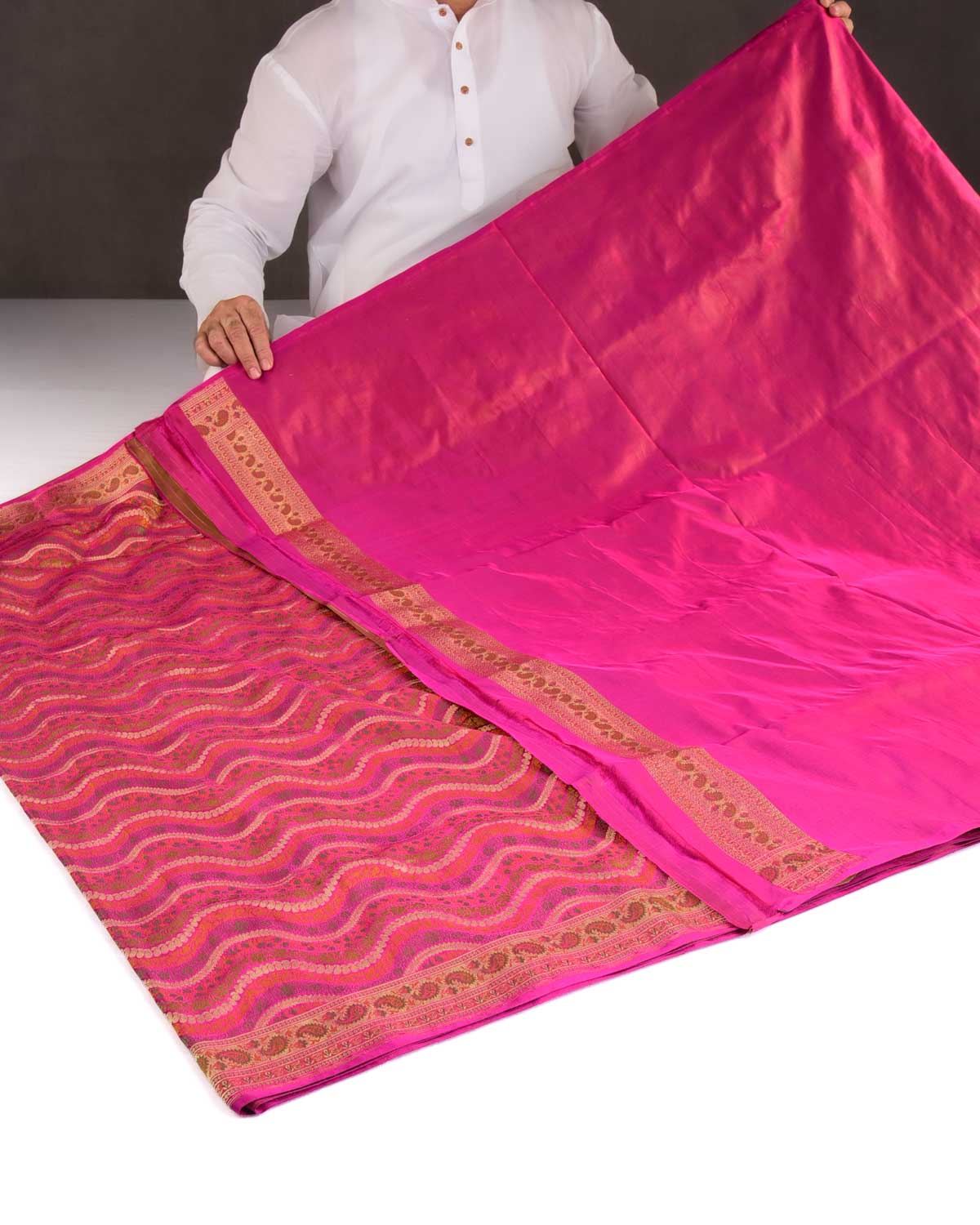 Multi-color Gold Zari & Resham Ornament Waves Satin Jamawar Brocade Handwoven Katan Silk Banarasi Saree-HolyWeaves