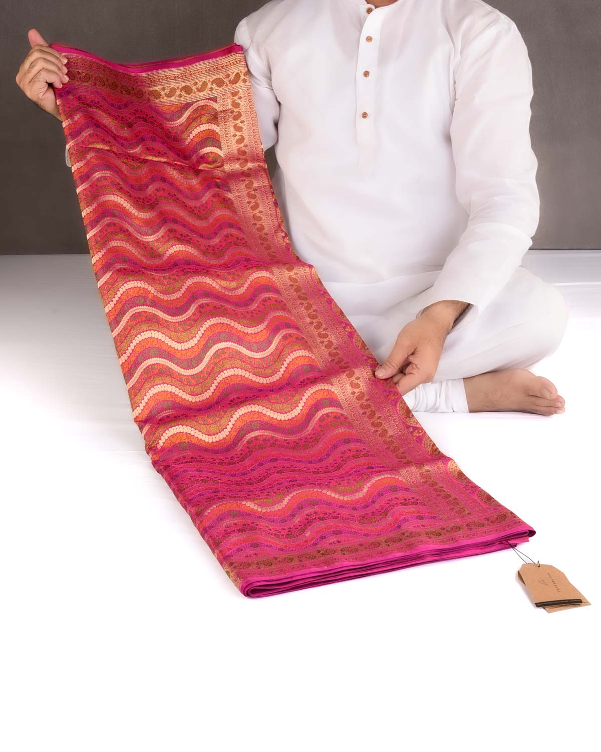 Multi-color Gold Zari & Resham Ornament Waves Satin Jamawar Brocade Handwoven Katan Silk Banarasi Saree-HolyWeaves