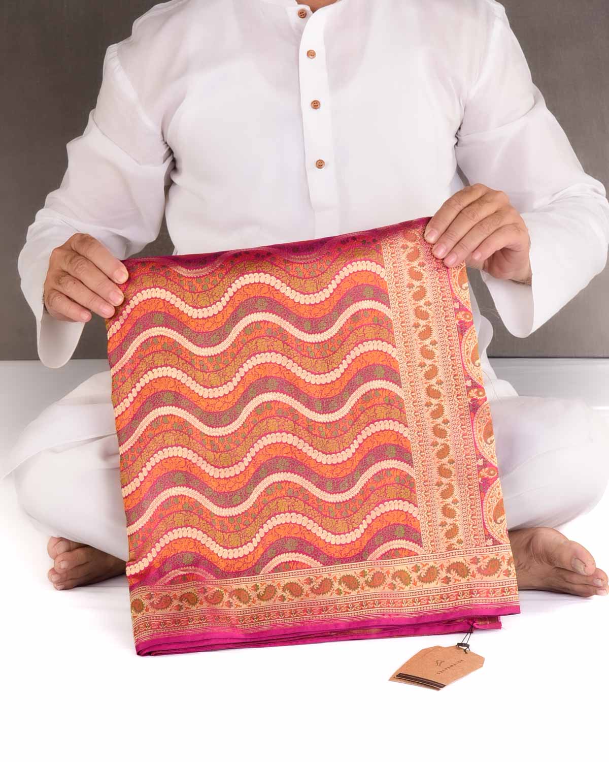 Multi-color Gold Zari & Resham Ornament Waves Satin Jamawar Brocade Handwoven Katan Silk Banarasi Saree-HolyWeaves