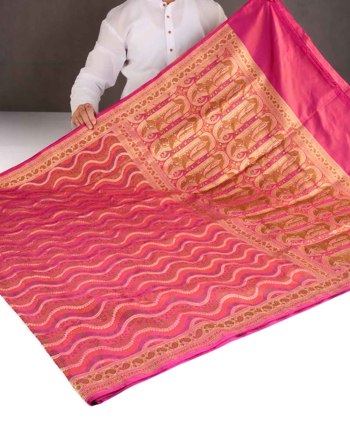 Multi-color Gold Zari & Resham Ornament Waves Satin Jamawar Brocade Handwoven Katan Silk Banarasi Saree-HolyWeaves
