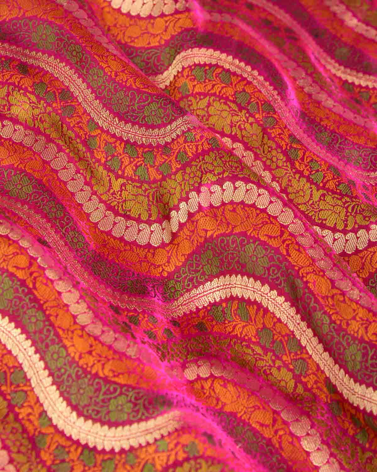 Multi-color Gold Zari & Resham Ornament Waves Satin Jamawar Brocade Handwoven Katan Silk Banarasi Saree-HolyWeaves