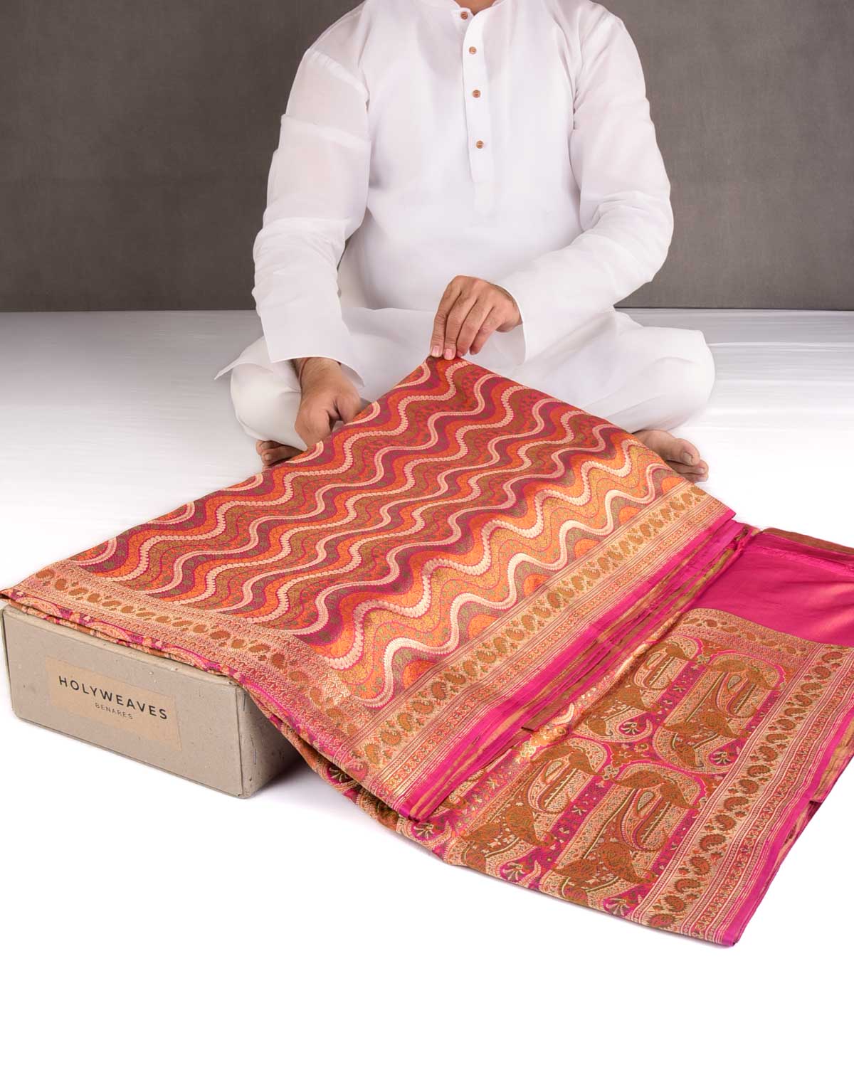 Multi-color Gold Zari & Resham Ornament Waves Satin Jamawar Brocade Handwoven Katan Silk Banarasi Saree-HolyWeaves