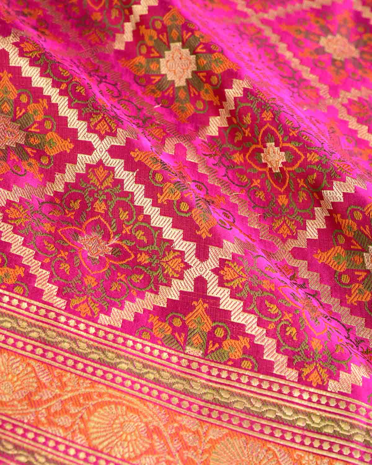 Magenta Gold Zari & Resham Gharchola Satin Jamawar Brocade Handwoven Katan Silk Banarasi Saree-HolyWeaves