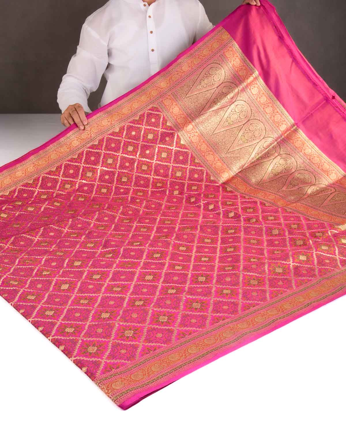 Magenta Gold Zari & Resham Gharchola Satin Jamawar Brocade Handwoven Katan Silk Banarasi Saree-HolyWeaves