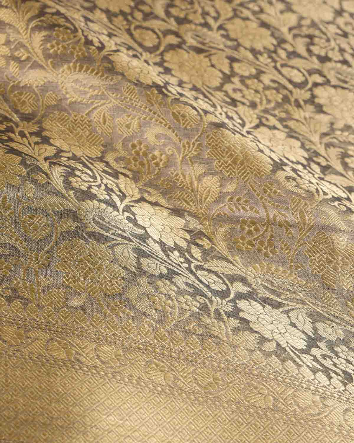 Metallic Gray Gold Zari Jaal Brocade Woven Kora Tissue Banarasi Saree-HolyWeaves