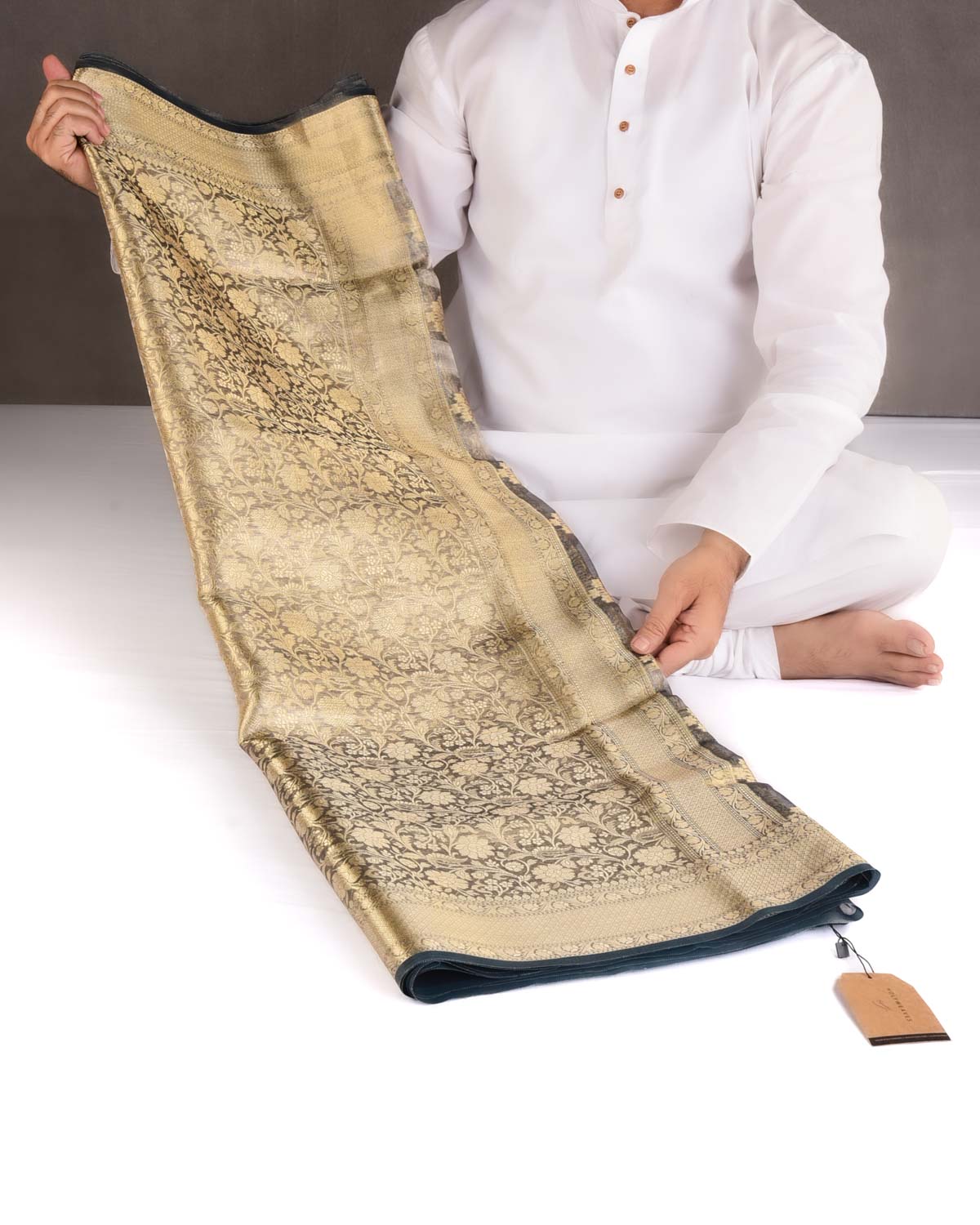 Metallic Gray Gold Zari Jaal Brocade Woven Kora Tissue Banarasi Saree-HolyWeaves