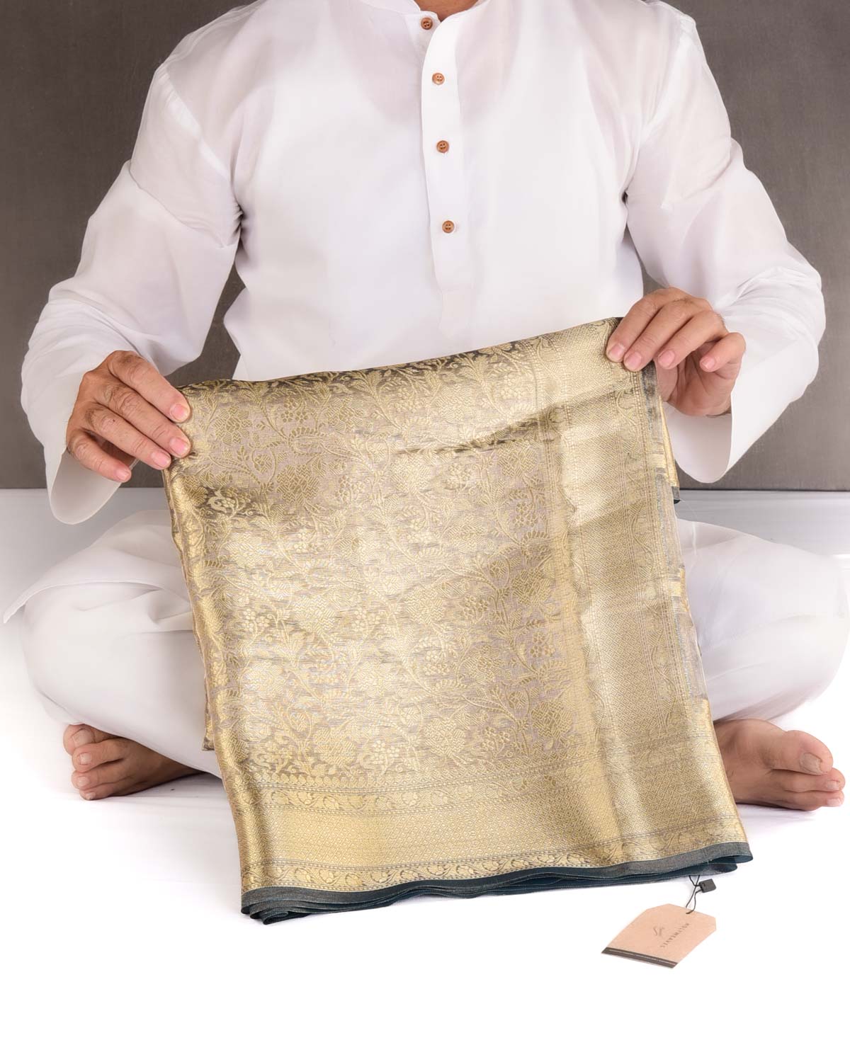 Metallic Gray Gold Zari Jaal Brocade Woven Kora Tissue Banarasi Saree-HolyWeaves