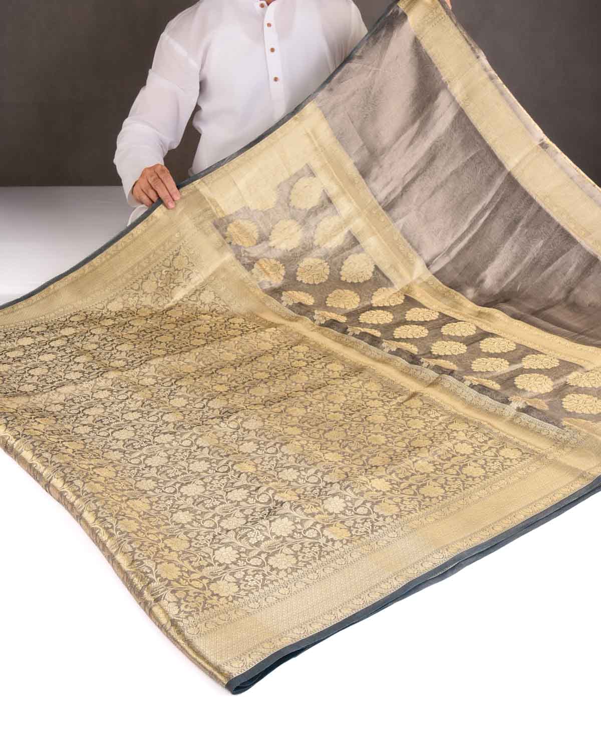 Metallic Gray Gold Zari Jaal Brocade Woven Kora Tissue Banarasi Saree-HolyWeaves