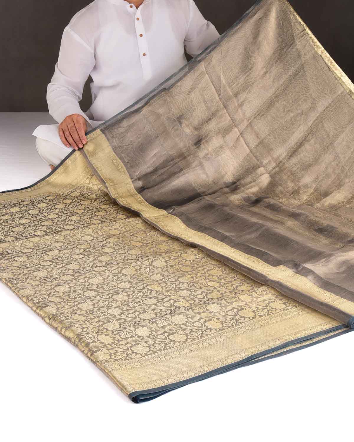 Metallic Gray Gold Zari Jaal Brocade Woven Kora Tissue Banarasi Saree-HolyWeaves