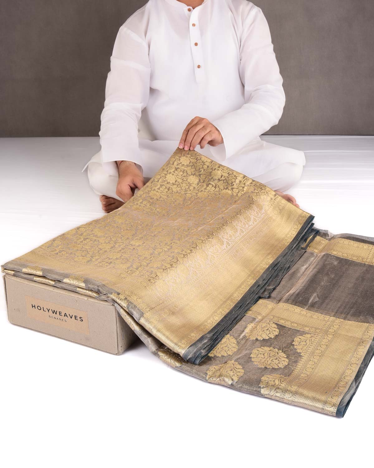 Metallic Gray Gold Zari Jaal Brocade Woven Kora Tissue Banarasi Saree-HolyWeaves