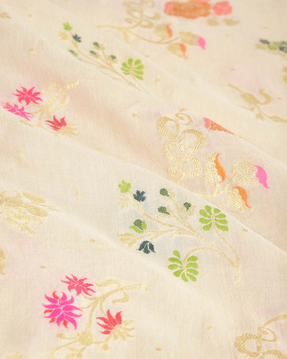 Beige Gold Zari And Meena Jaal Cutwork Brocade Handwoven Muga Silk Banarasi Saree-HolyWeaves