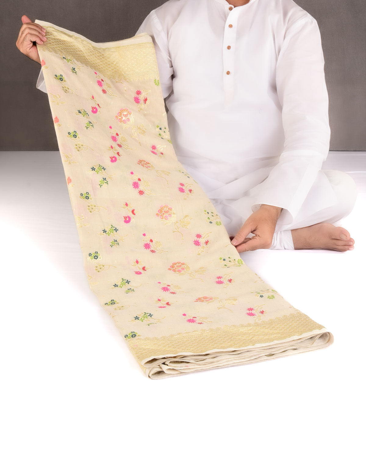 Beige Gold Zari And Meena Jaal Cutwork Brocade Handwoven Muga Silk Banarasi Saree-HolyWeaves