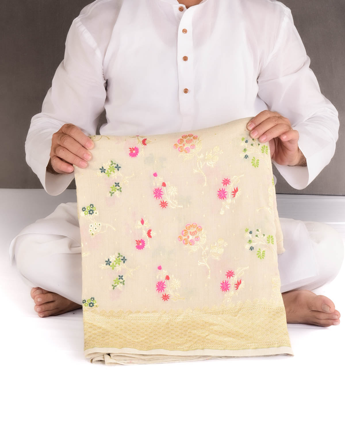 Beige Gold Zari And Meena Jaal Cutwork Brocade Handwoven Muga Silk Banarasi Saree-HolyWeaves