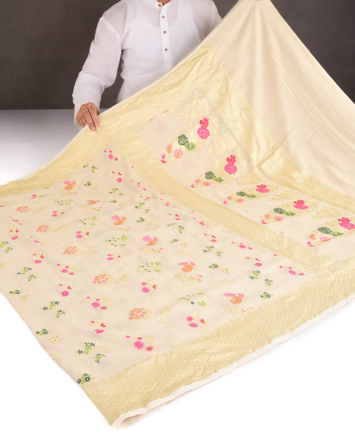 Beige Gold Zari And Meena Jaal Cutwork Brocade Handwoven Muga Silk Banarasi Saree-HolyWeaves