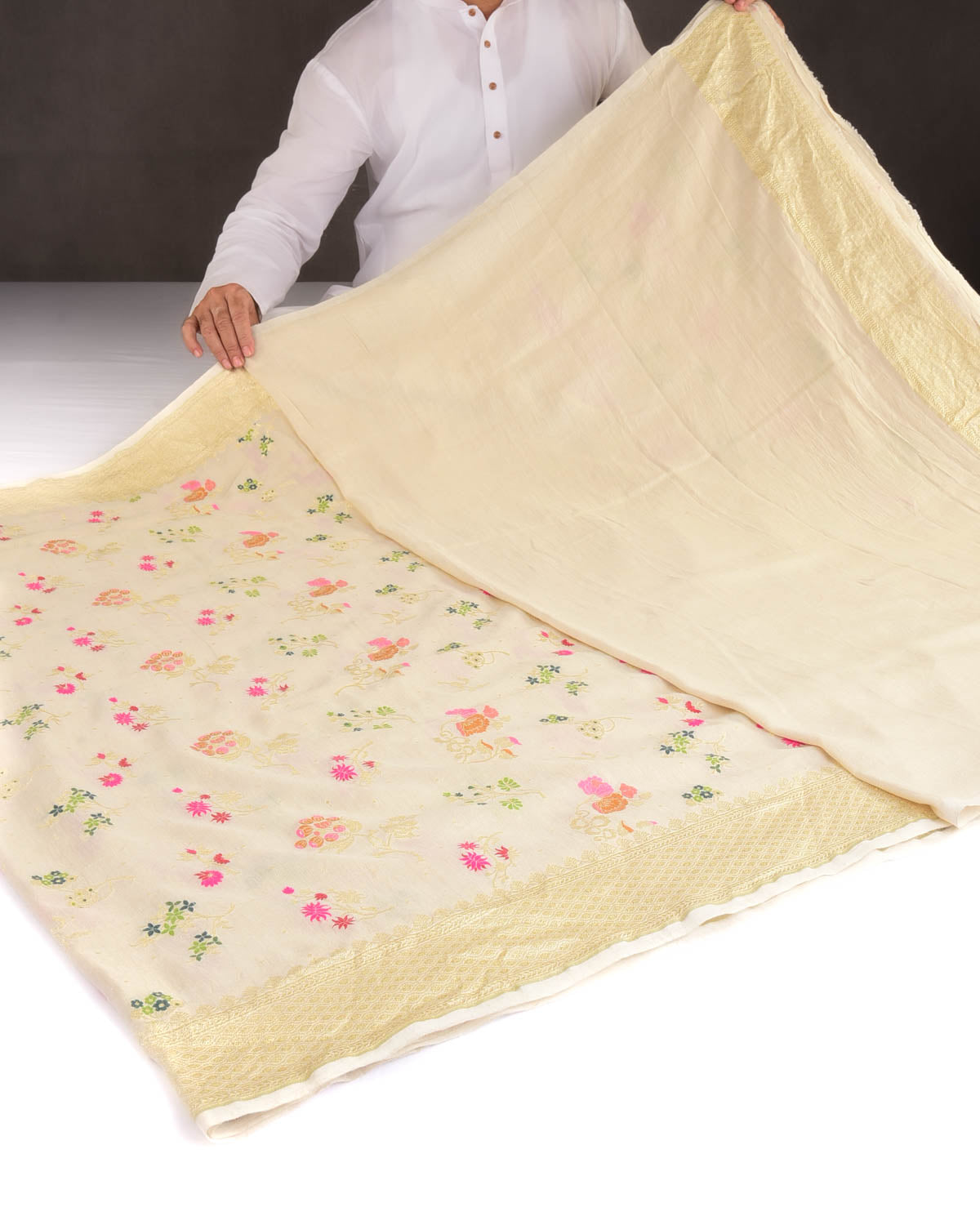 Beige Gold Zari And Meena Jaal Cutwork Brocade Handwoven Muga Silk Banarasi Saree-HolyWeaves