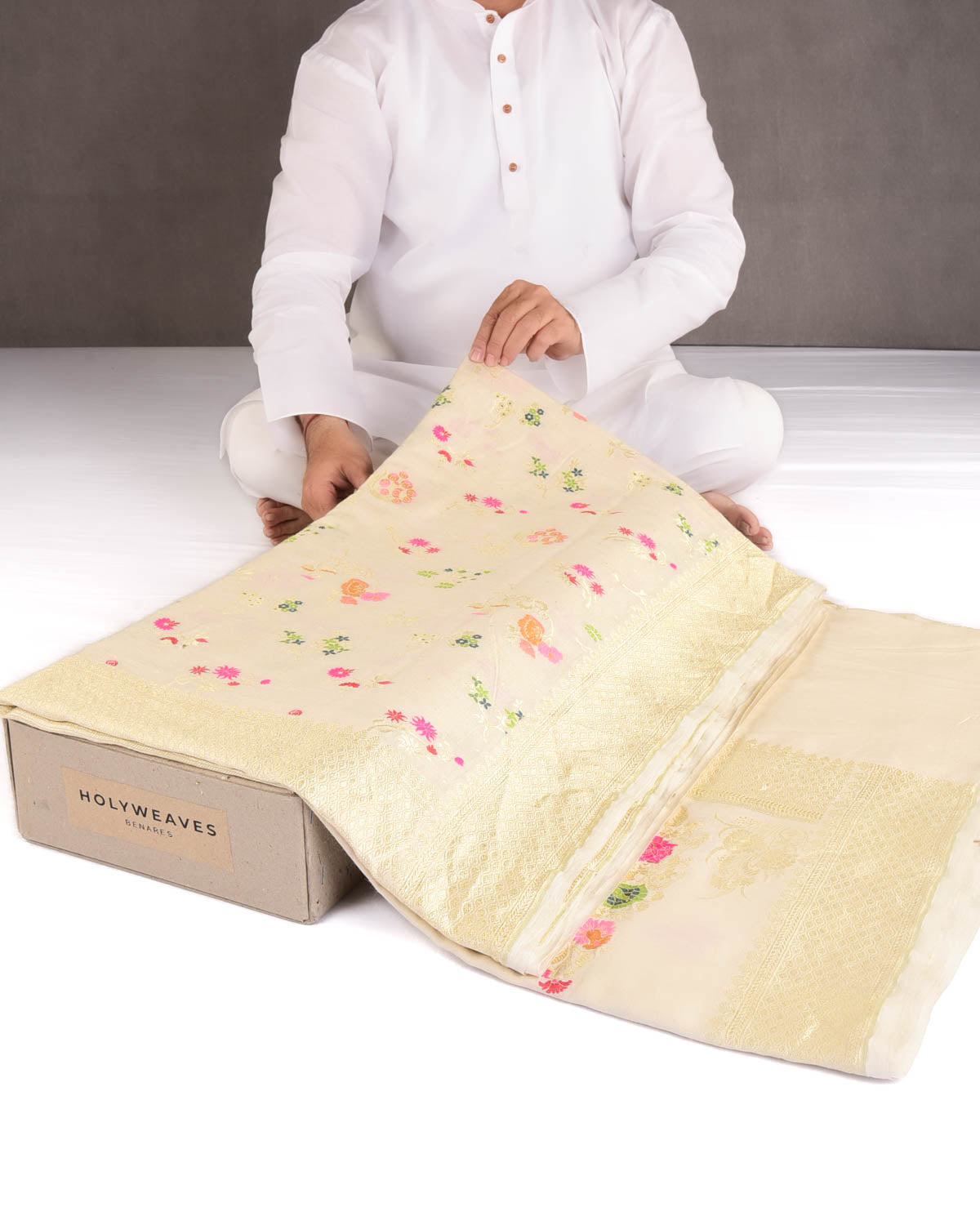 Beige Gold Zari And Meena Jaal Cutwork Brocade Handwoven Muga Silk Banarasi Saree-HolyWeaves