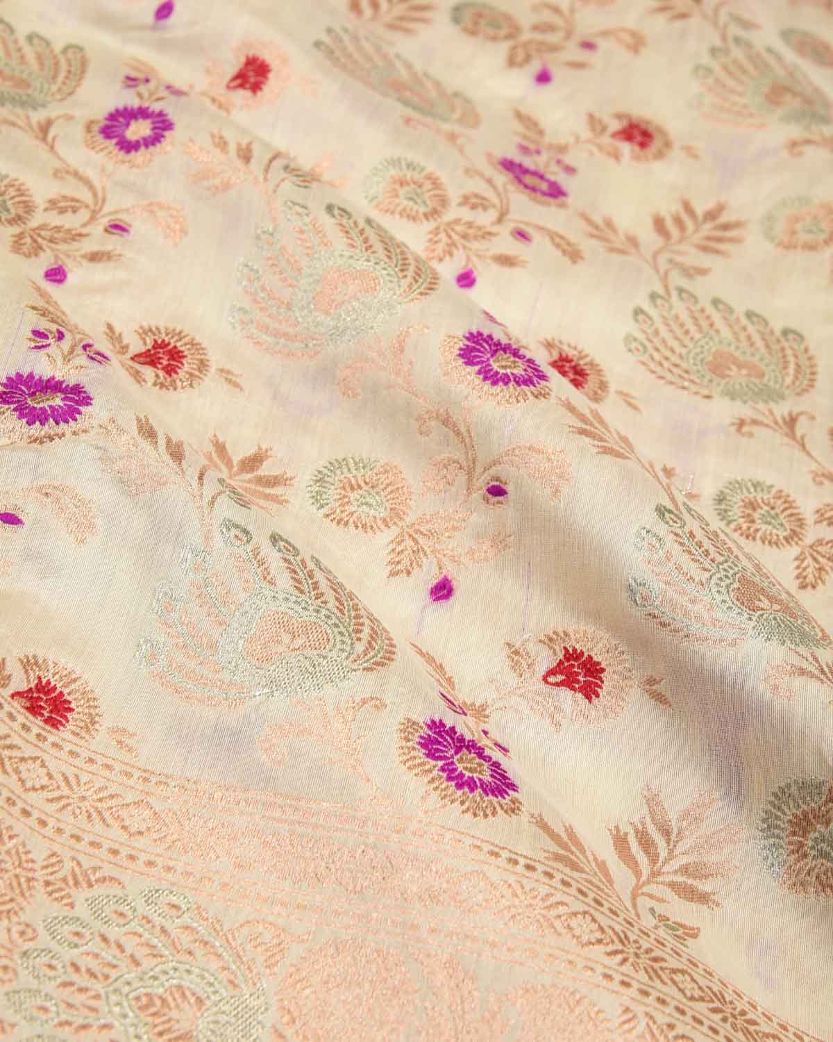 Ivory White Gold & Silver Zari & Meenekari Floral Jaal Cutwork Brocade Handwoven Spun Silk Banarasi Saree-HolyWeaves