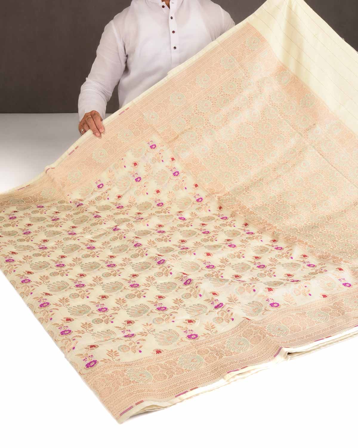 Ivory White Gold & Silver Zari & Meenekari Floral Jaal Cutwork Brocade Handwoven Spun Silk Banarasi Saree-HolyWeaves