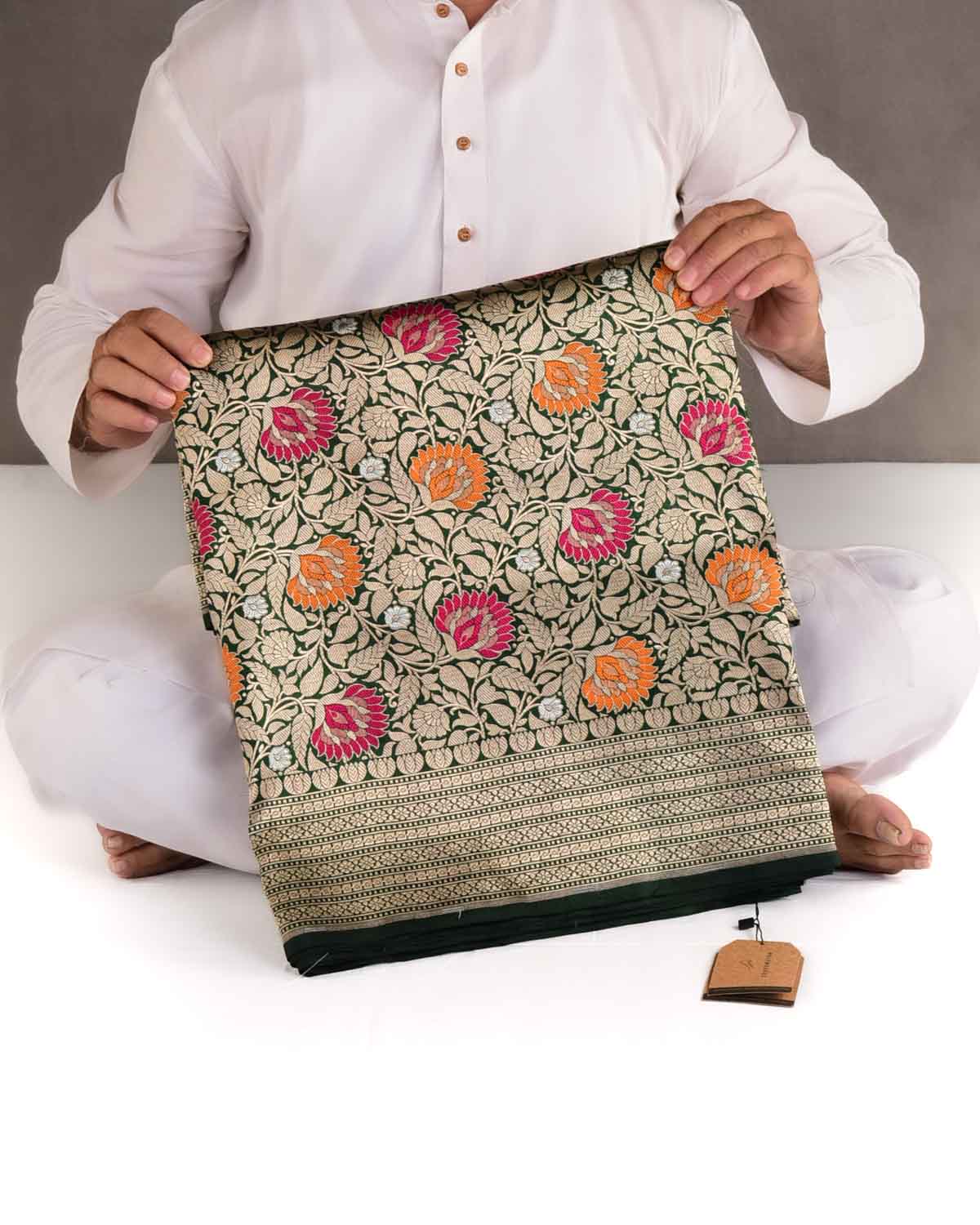 Midnight Green Gold Zari & Meenekari Floral Jaal Cutwork Brocade Handwoven Katan Silk Banarasi Saree-HolyWeaves