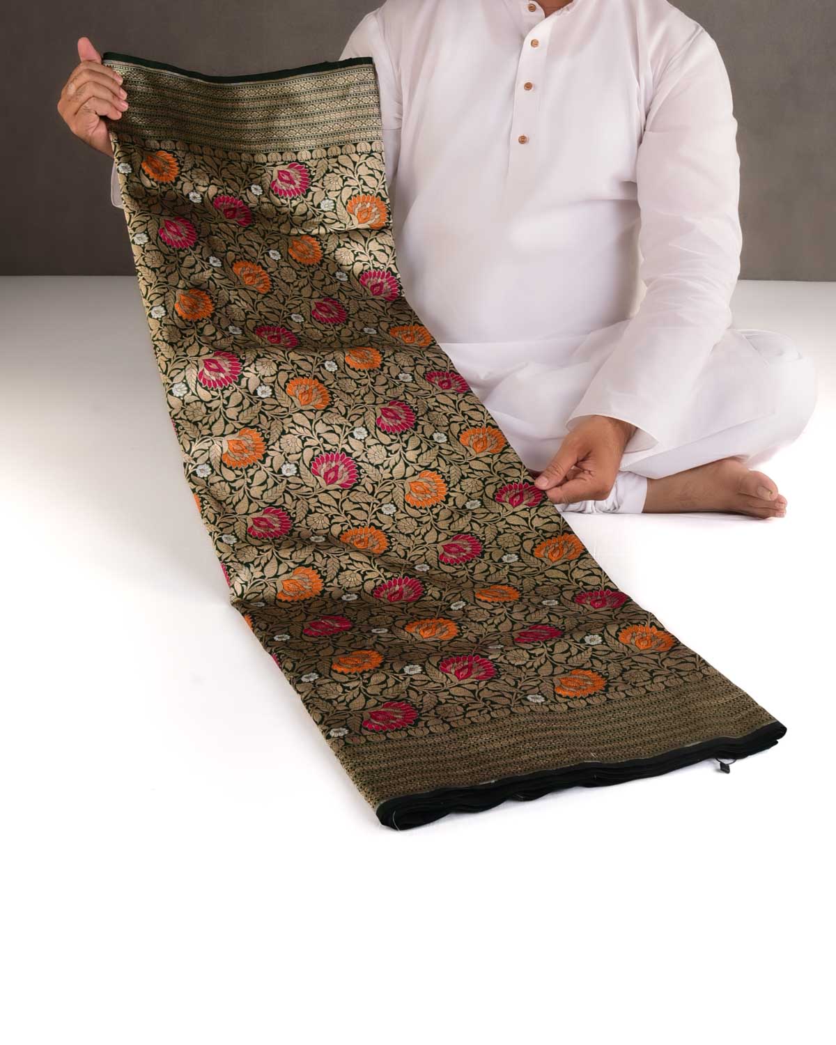 Midnight Green Gold Zari & Meenekari Floral Jaal Cutwork Brocade Handwoven Katan Silk Banarasi Saree-HolyWeaves