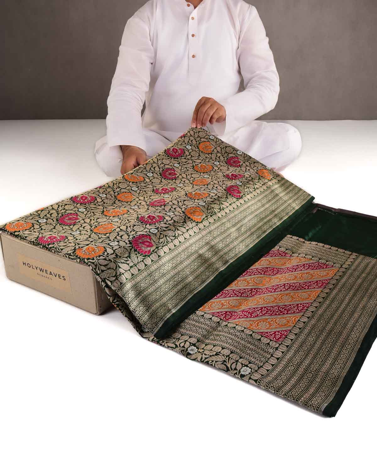 Midnight Green Gold Zari & Meenekari Floral Jaal Cutwork Brocade Handwoven Katan Silk Banarasi Saree-HolyWeaves