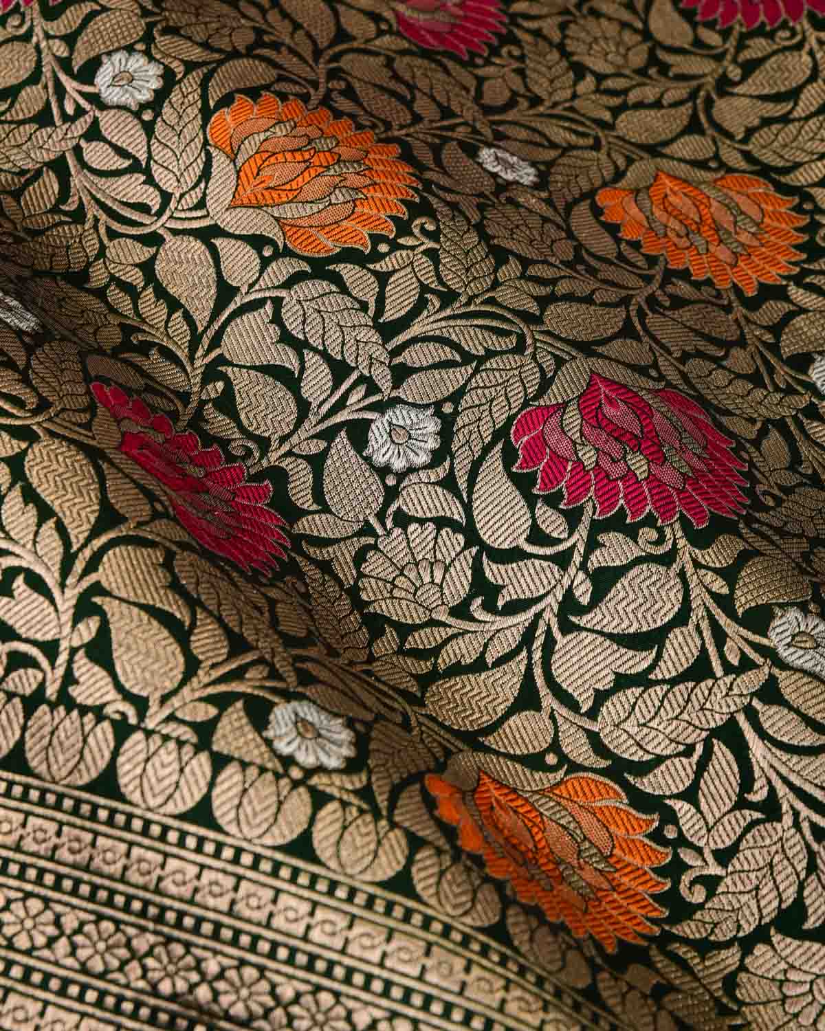 Midnight Green Gold Zari & Meenekari Floral Jaal Cutwork Brocade Handwoven Katan Silk Banarasi Saree-HolyWeaves