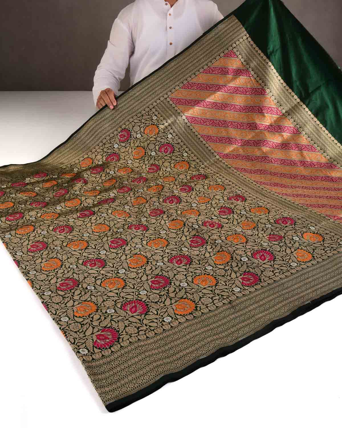 Midnight Green Gold Zari & Meenekari Floral Jaal Cutwork Brocade Handwoven Katan Silk Banarasi Saree-HolyWeaves