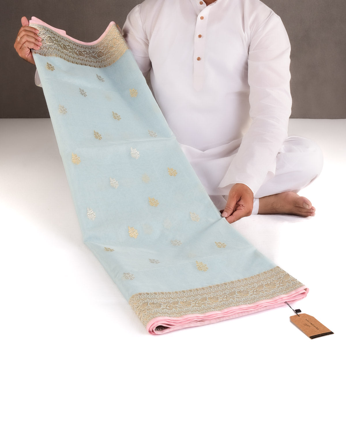 Powder Blue Gold & Silver Zari Buti Kadhuan Brocade Handwoven Kora Silk Banarasi Saree-HolyWeaves