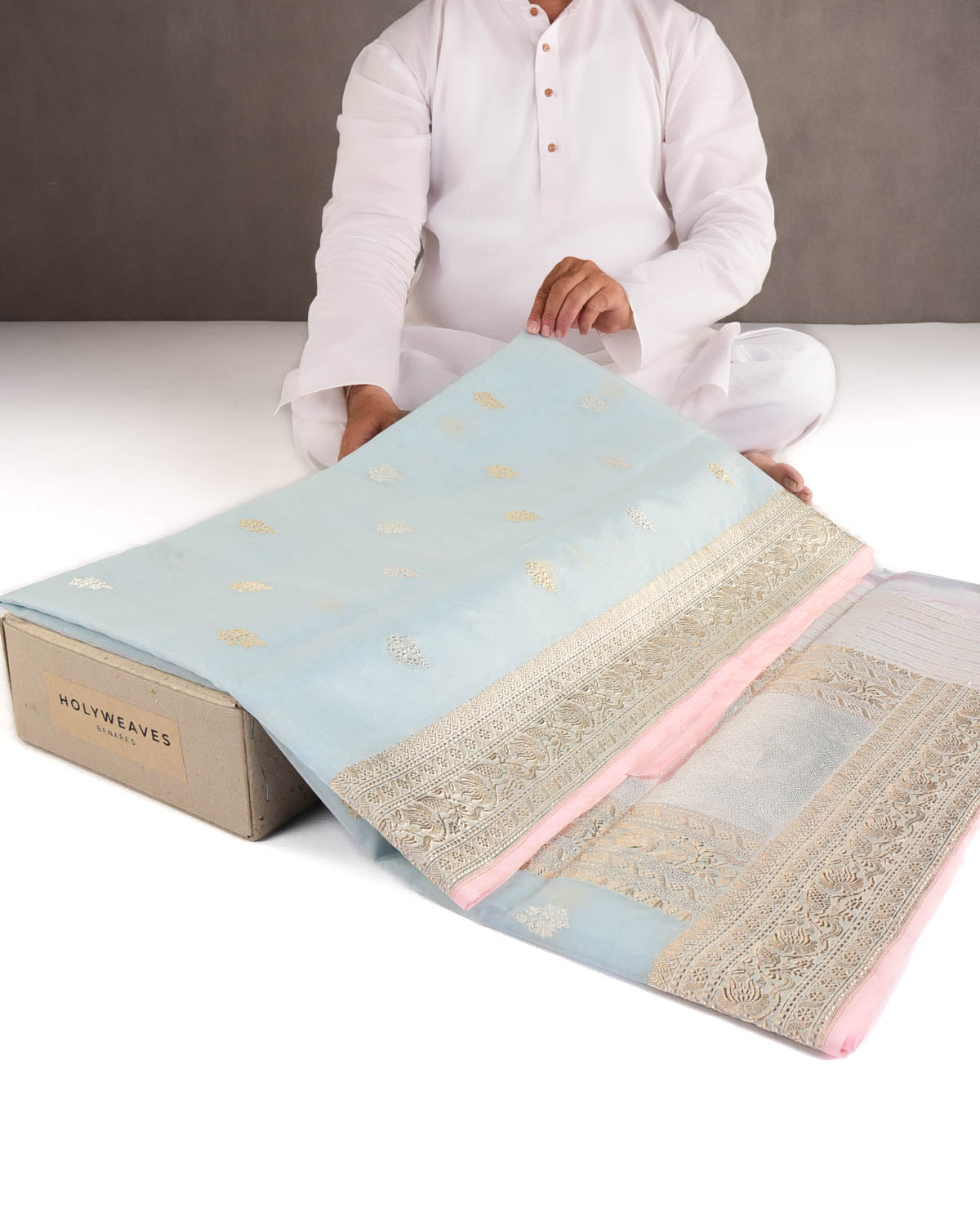 Powder Blue Gold & Silver Zari Buti Kadhuan Brocade Handwoven Kora Silk Banarasi Saree-HolyWeaves