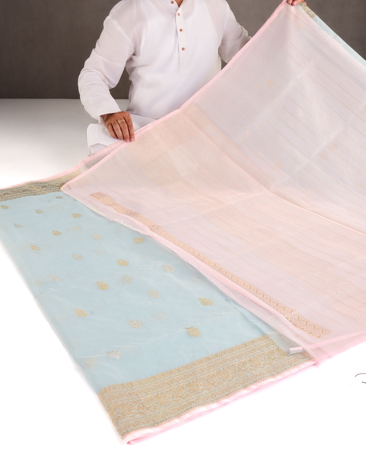 Powder Blue Gold & Silver Zari Buti Kadhuan Brocade Handwoven Kora Silk Banarasi Saree-HolyWeaves