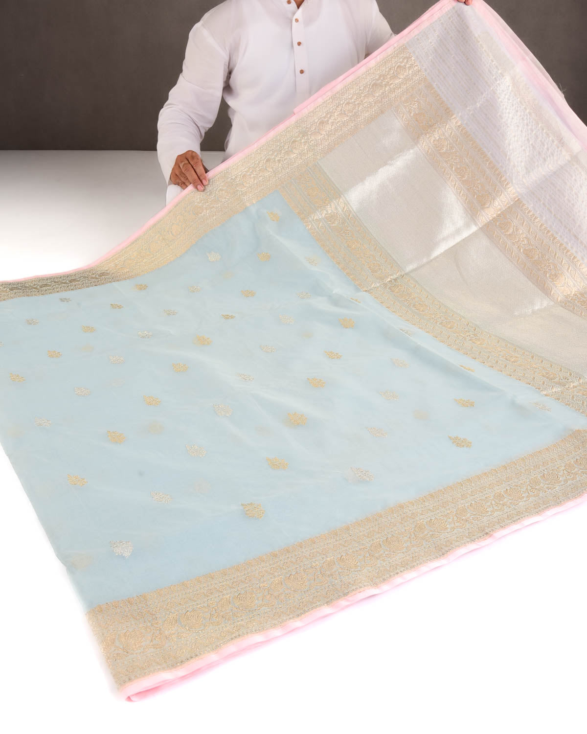Powder Blue Gold & Silver Zari Buti Kadhuan Brocade Handwoven Kora Silk Banarasi Saree-HolyWeaves