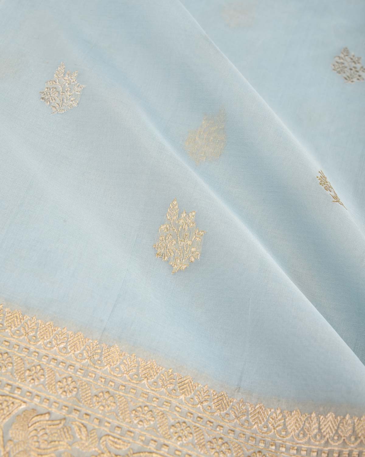 Powder Blue Gold & Silver Zari Buti Kadhuan Brocade Handwoven Kora Silk Banarasi Saree-HolyWeaves