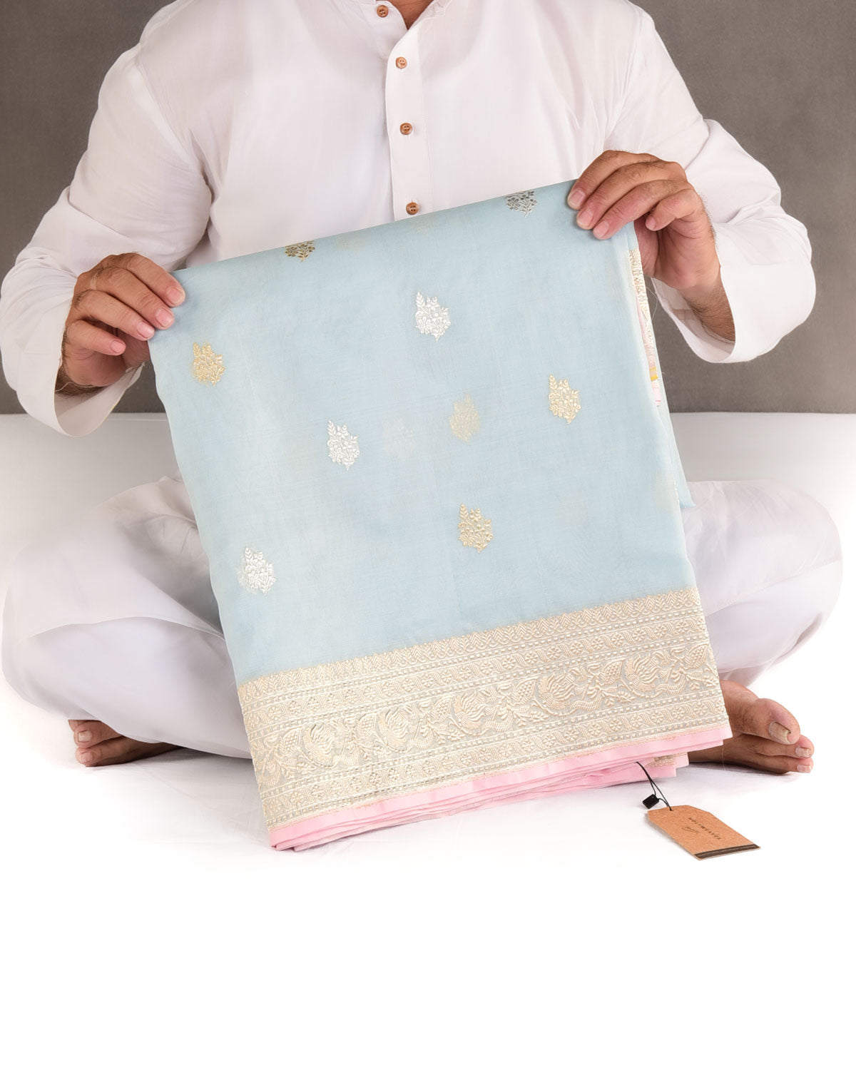 Powder Blue Gold & Silver Zari Buti Kadhuan Brocade Handwoven Kora Silk Banarasi Saree-HolyWeaves