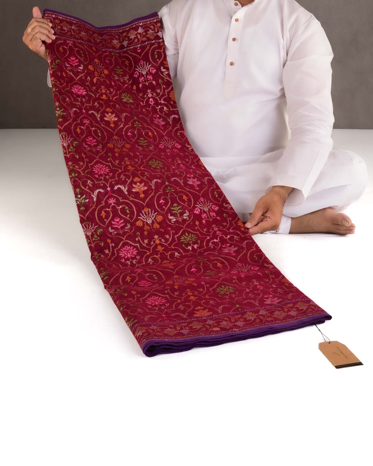 Maroon Rakhtambari Gold Zari & Meenekari Jaal Cutwork Brocade Handwoven Cotton Banarasi Saree-HolyWeaves