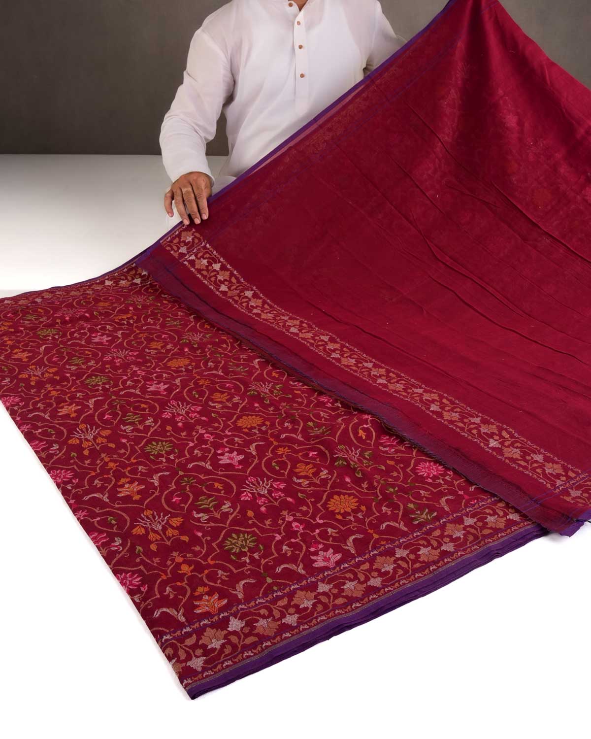 Maroon Rakhtambari Gold Zari & Meenekari Jaal Cutwork Brocade Handwoven Cotton Banarasi Saree-HolyWeaves