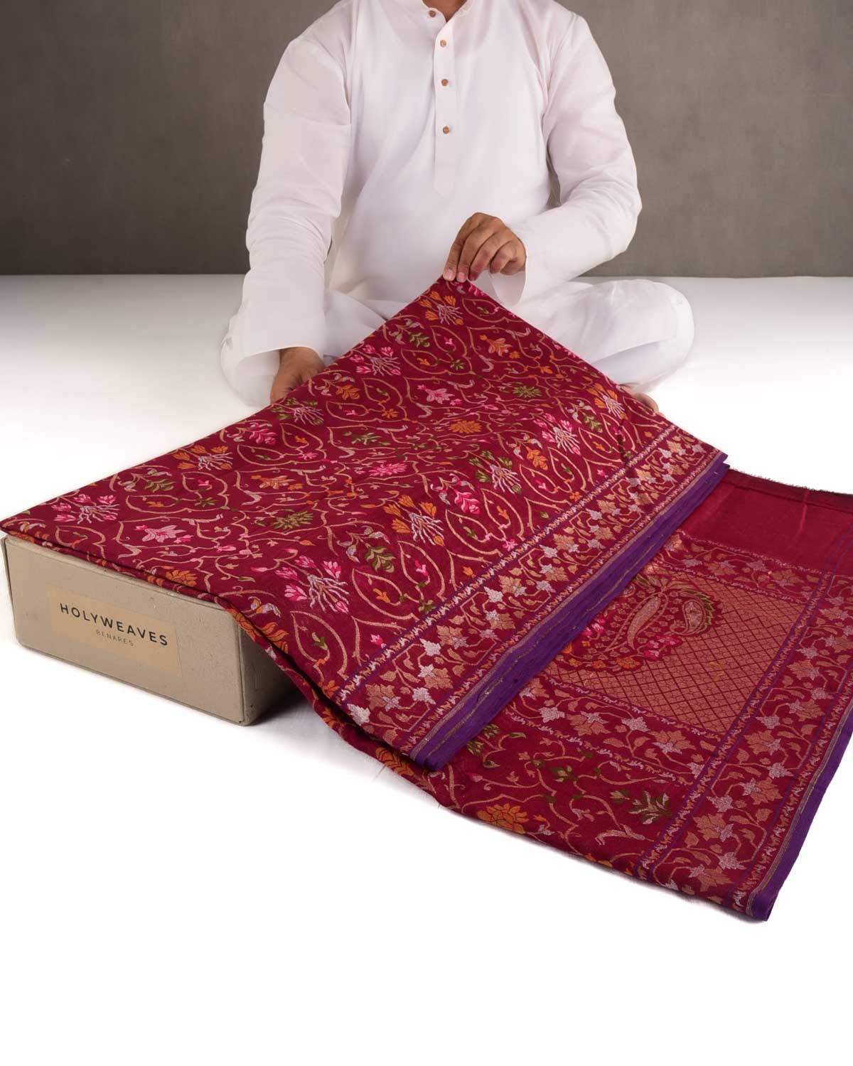Maroon Rakhtambari Gold Zari & Meenekari Jaal Cutwork Brocade Handwoven Cotton Banarasi Saree-HolyWeaves
