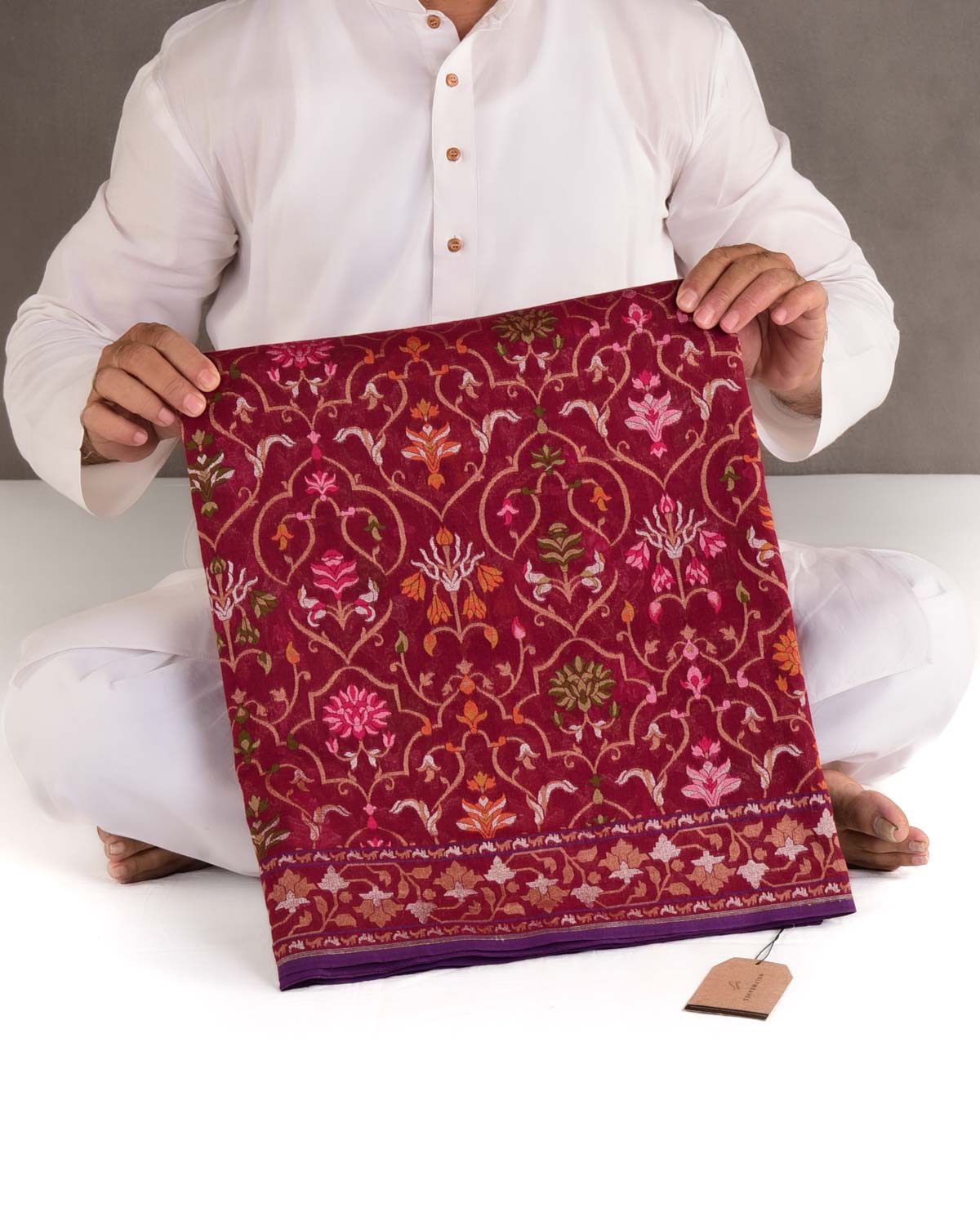 Maroon Rakhtambari Gold Zari & Meenekari Jaal Cutwork Brocade Handwoven Cotton Banarasi Saree-HolyWeaves