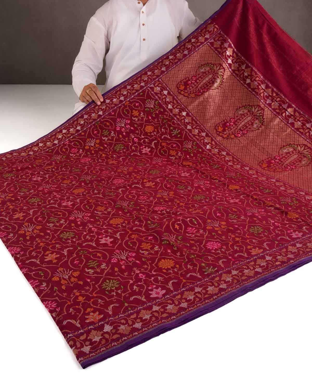 Maroon Rakhtambari Gold Zari & Meenekari Jaal Cutwork Brocade Handwoven Cotton Banarasi Saree-HolyWeaves