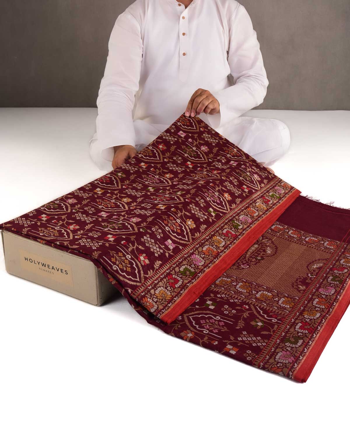 Garnet Rakhtambari Gold Zari & Meenekari Jaal Cutwork Brocade Handwoven Cotton Banarasi Saree-HolyWeaves