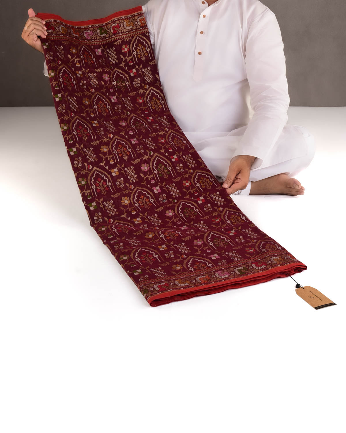 Garnet Rakhtambari Gold Zari & Meenekari Jaal Cutwork Brocade Handwoven Cotton Banarasi Saree-HolyWeaves